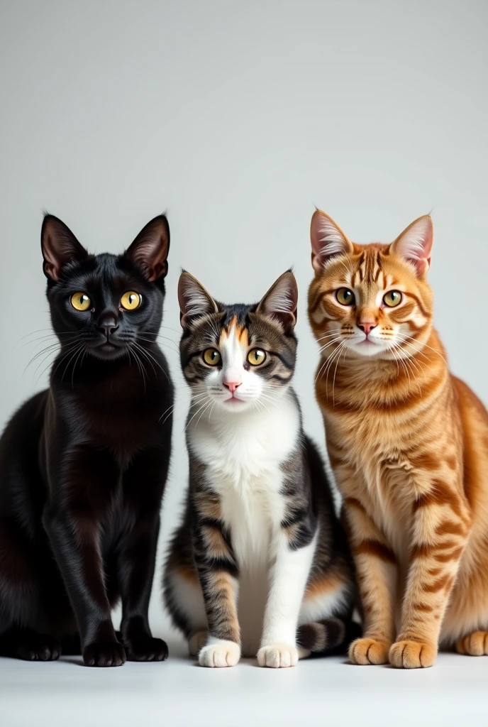 Realistic photo of a black cat, a gray cat, a tricolor cat and another brown cat