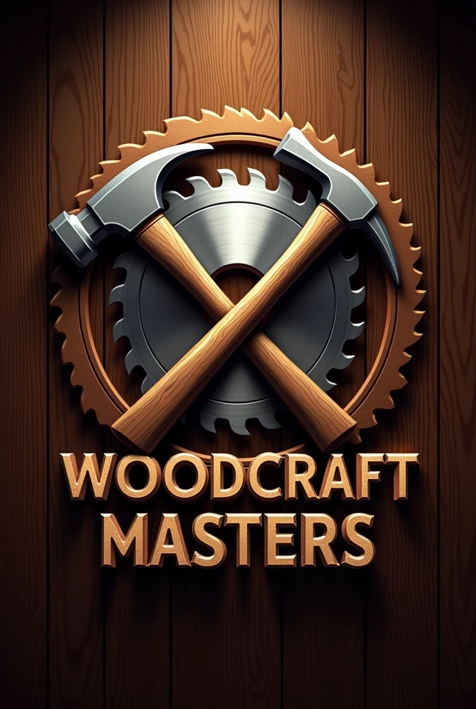 Create a logo-style image featuring a circular saw blade integrated with a hammer and chisel crossed in the center. The background should be a rich, dark wood texture, and the tools should have a metallic finish with subtle highlights. The words 'Woodcraft Masters' should be prominently displayed below the tools in a bold, rustic font, with a slight 3D effect. The overall color scheme should include earthy tones like brown, bronze, and gold to evoke a warm, professional feel.