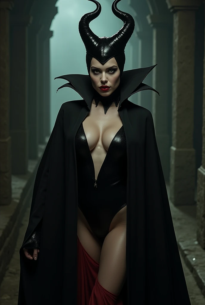 Maleficent in the dungeon, she is sexual, she is strikingly beautiful, her eyes are pale, dark red lipstick, powerful, her cloak is open displaying her perfectly sculpted almost nude body, muscular body, toned , fit, wide hips, narrow waist, no body fat 