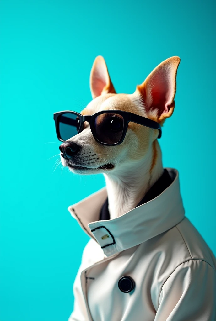 The best cell phone wallpaper, Award-Winning Wallpaper, portrait photography, In the front view is a portrait of a cute dog wearing mid-1960s space age fashion, Side view photo, Shot with Canon EOS R5, Set a strong contrast that accentuates the subject, Fluorescent blue tone, Wearing a very modern coat and sunglasses is a modern 1960s style, Clothes all in one color, beautiful background