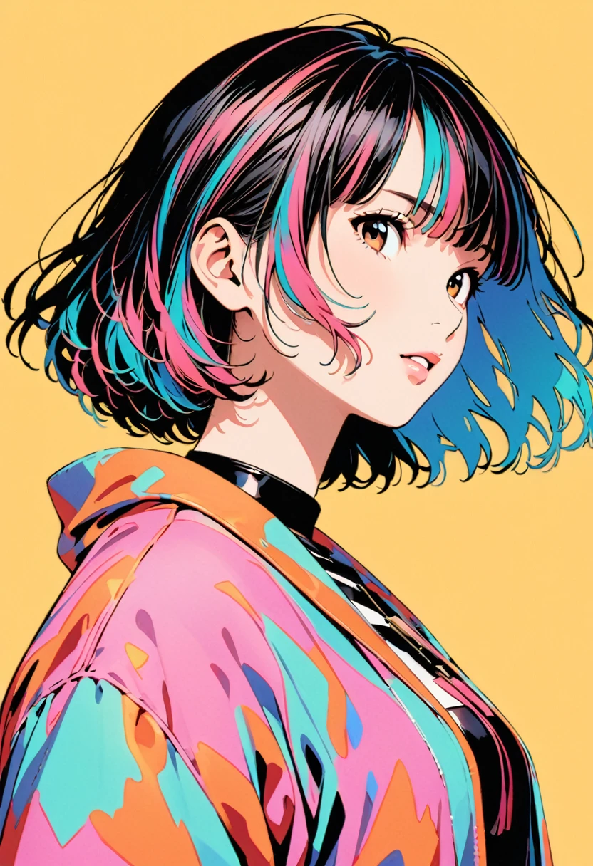 (Highest quality:1.2, City Pop Style, Very detailed, Latest, Vibrant, High Contrast, masterpiece:1.2, Highest quality, Best aesthetics), girl, ((Face Up Shot:1.4)), Colorful Hair, Bobcut, pastel colour, 1980s style, ((Retro, Vintage, Plain background))