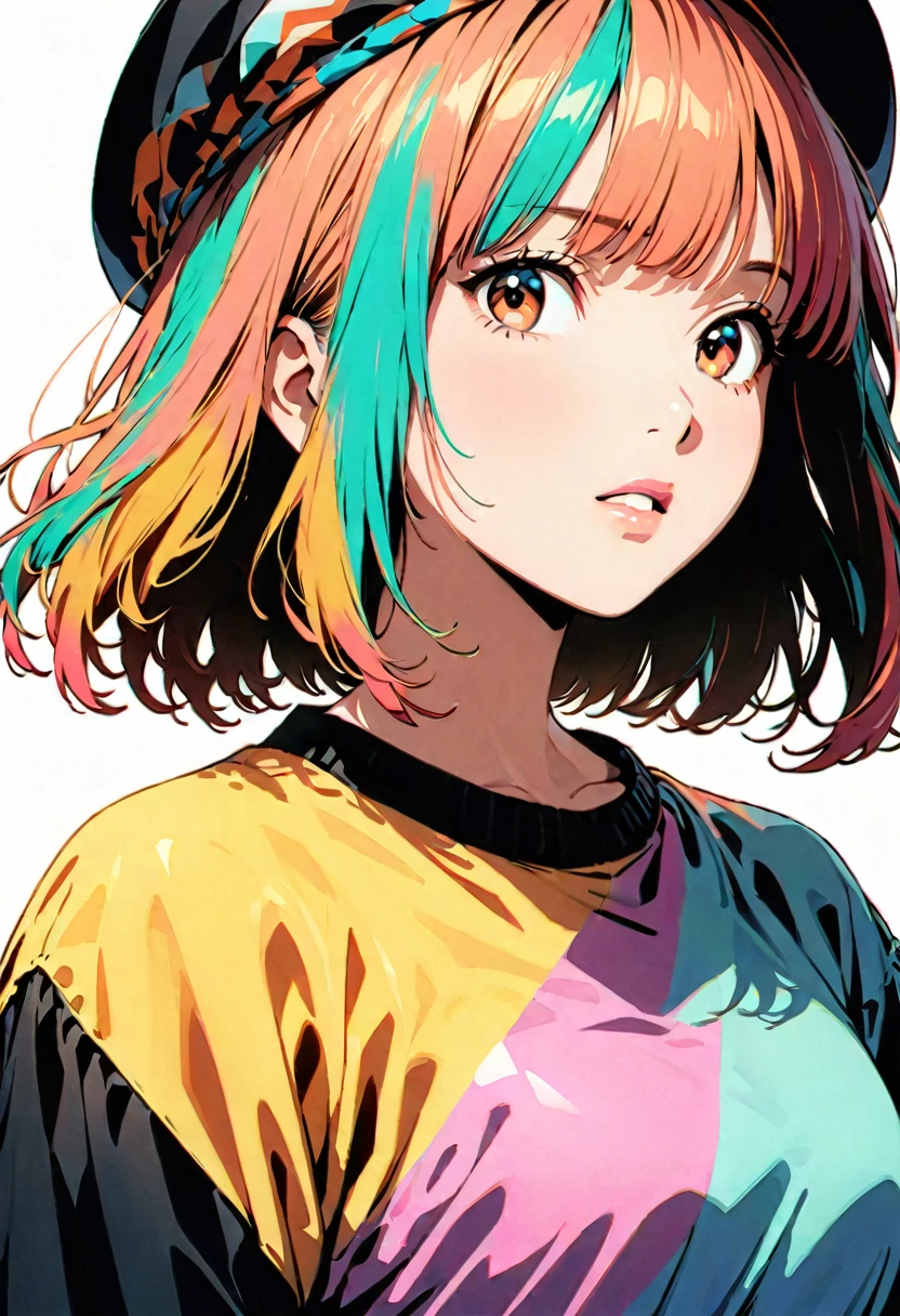 (Highest quality:1.2, City Pop Style, Very detailed, Latest, Vibrant, High Contrast, masterpiece:1.2, Highest quality, Best aesthetics), girl, ((Face Up Shot:1.4)), Colorful Hair, Bobcut, pastel colour, 1980s style, ((Retro, Vintage, Plain background))