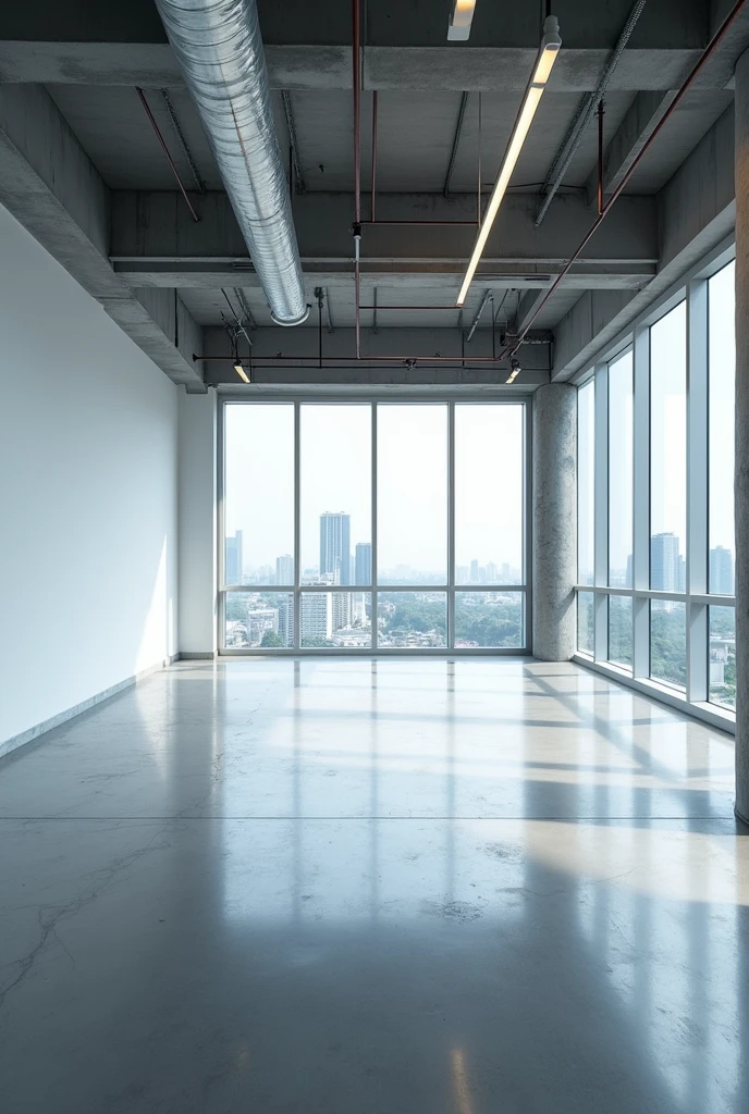 Give me a real photo, not a virtual photo, a wide photo showing the whole floor, of a 500m2 empty office for rent in a building in Ho Chi Minh City.