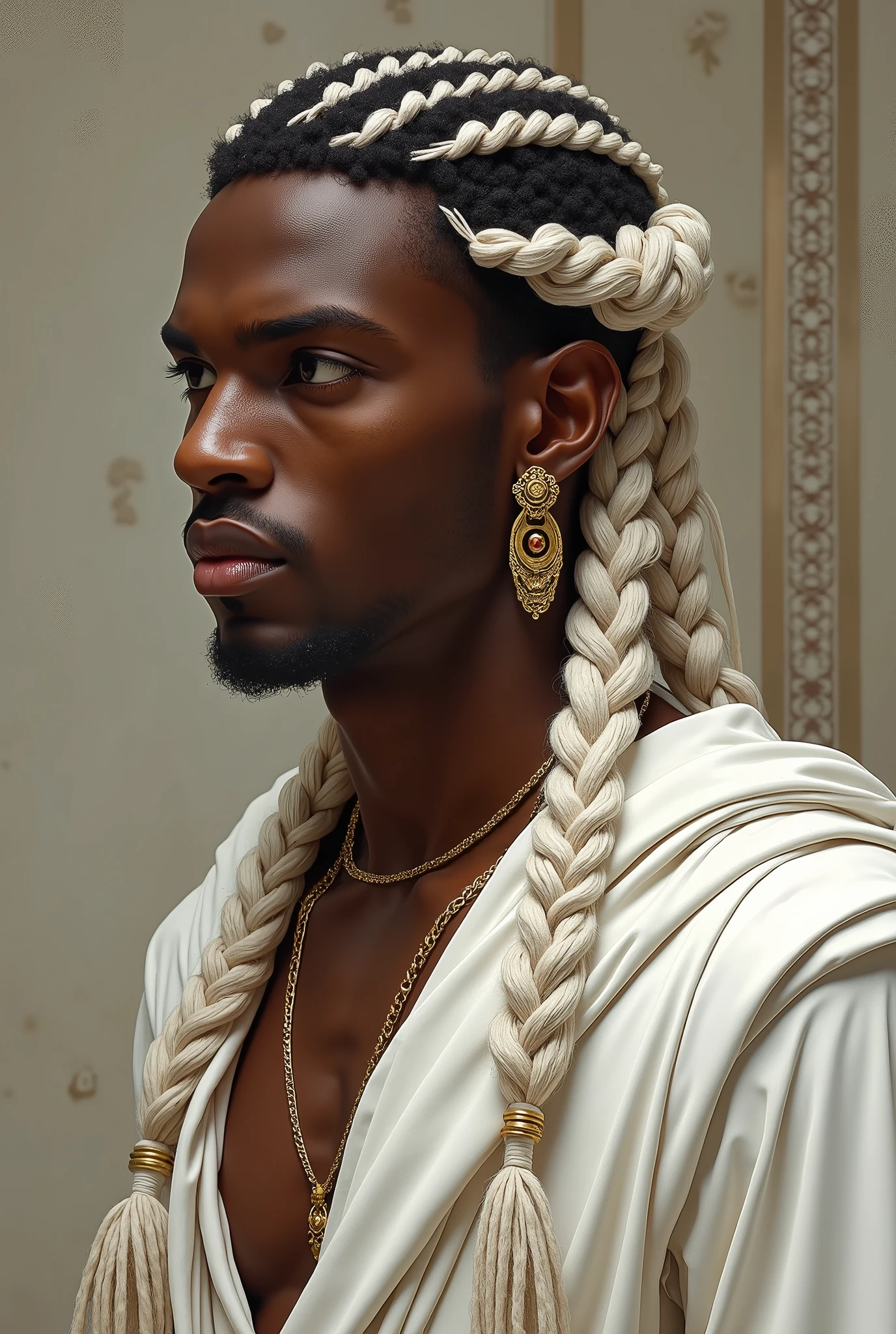 It's a man. Her hair is styled in long white braids that cascade down her shoulders.. His skin tone is dark and he wears gold earrings.. Young face he looks like he is 2, has masculine and fine features. He's dressed in a white outfit. The background is minimalist, featuring a patterned wall. The young man's gaze is directed to the side and he has a serious expression on his face.. He's like a Greek god, has a thick neck. fully body, athletic physique.