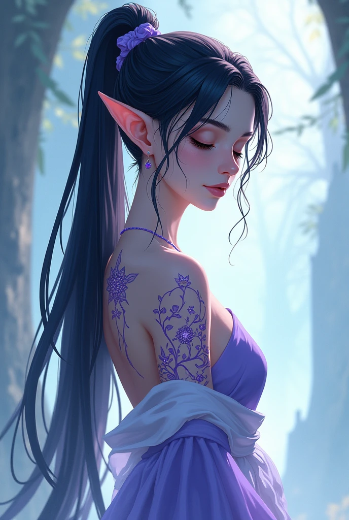 adult elf with light blue skin and black hair, she has a pretty face, she wears a ponytail, all over his body he has purple tattoos in the shape of vines, with a flower on her left arm, your face is calm, アニメ