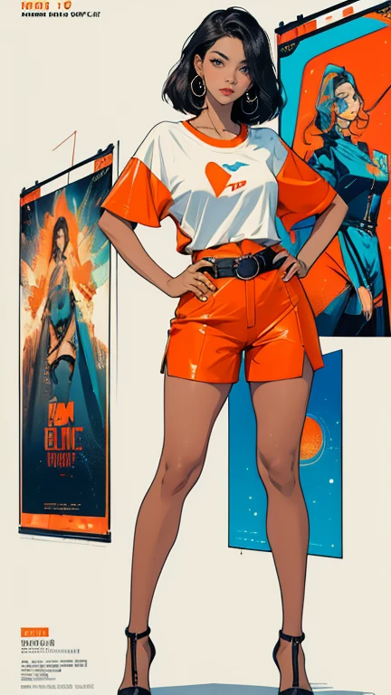 ((masterpiece, Highest quality)), (((whole body :1.5))), 32K Wallpapers, Very detailed, Poster, Vintage science fiction, 1960s,(((geometric cinematic movie Poster))), (Bauhaus), shape,Abstract, Midcentury Modern, movie Poster, Vintage, Perfect Lady,1970s,Halftone,Speech bubble,(((portfolio,close))), Tall and straight blonde mature girl, Sexy, Medium Neck, He is wearing a plain, tight orange short-sleeved U-neck T-shirt, She completely exposed her midsection, She is wearing blue leather shorts., she wears a large orange belt with a red heart-shaped buckle, She exposed her navel, beautiful abdomen, Beautiful thighs, Long and slender thighs, A pose that makes it appear as if you are facing forward with your hands on your hips, whole body