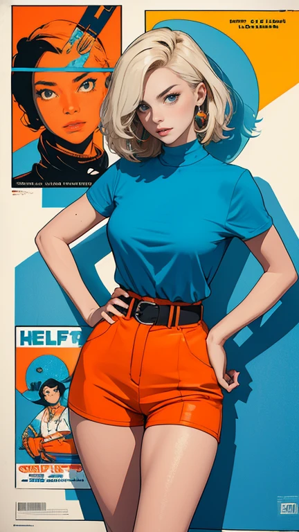 ((masterpiece, Highest quality)), (((whole body :1.5))), 32K Wallpapers, Very detailed, Poster, Vintage science fiction, 1960s,(((geometric cinematic movie Poster))), (Bauhaus), shape,Abstract, Midcentury Modern, movie Poster, Vintage, Perfect Lady,1970s,Halftone,Speech bubble,(((portfolio,close))), Tall and straight blonde mature girl, Sexy, Medium Neck, He is wearing a plain, tight orange short-sleeved U-neck T-shirt, She completely exposed her midsection, She is wearing blue leather shorts., she wears a large orange belt with a red heart-shaped buckle, She exposed her navel, beautiful abdomen, Beautiful thighs, Long and slender thighs, A pose that makes it appear as if you are facing forward with your hands on your hips, whole body