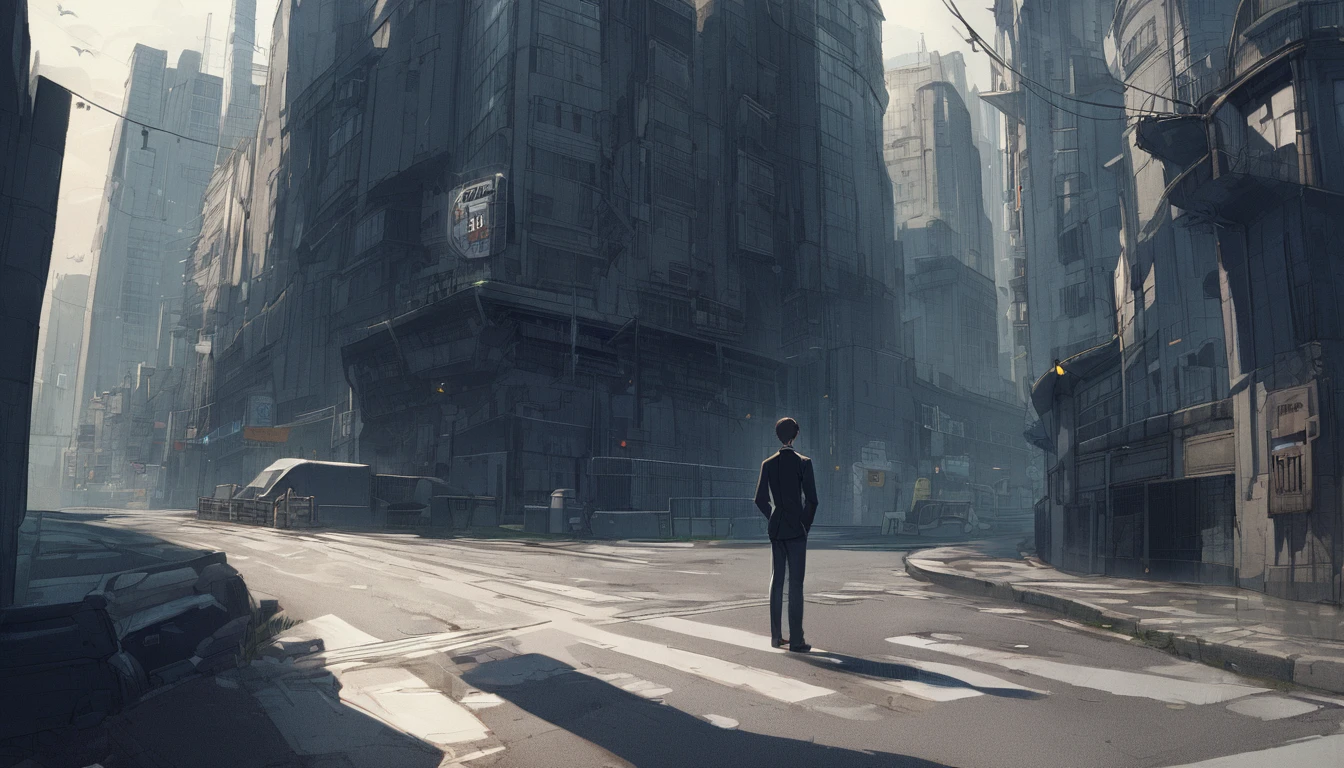 City,Sad young man,suit,The surroundings are normal,