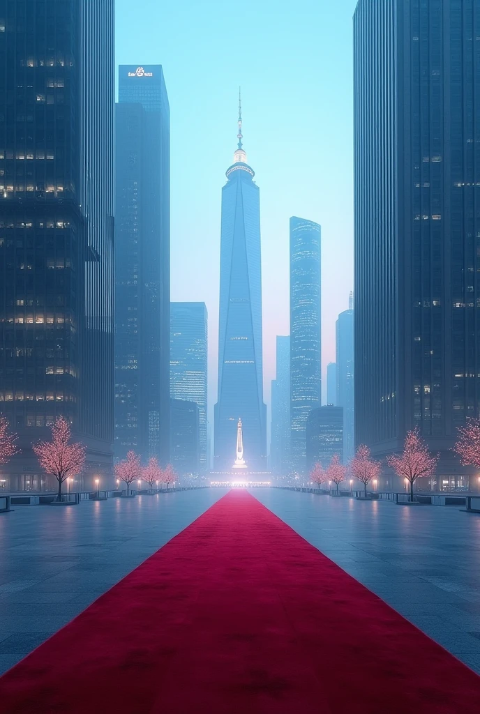 "Create a scene where towering skyscrapers loom in the far distance, giving a sense of grandeur and scale. In the foreground, a luxurious red carpet rolls out towards the viewer, leading the eye towards the distant buildings. The overall theme should be predominantly blue, perhaps with a clear sky or a twilight ambiance that casts a serene, cool tone over the entire scene."