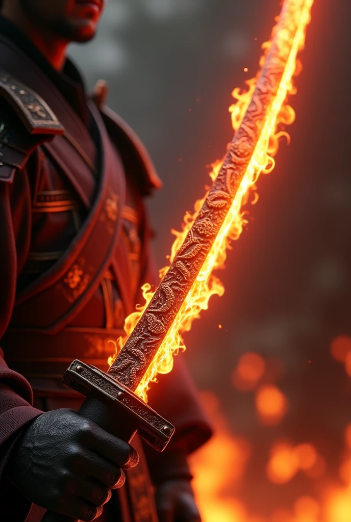 a magical katana with fire powers, intricate japanese engraved blade, glowing red hot edge, stylish katana hilt with dragon motif, dramatic red and orange flames surrounding blade, beautiful japanese calligraphy, ancient samurai warrior holding katana, epic fantasy concept, detailed 8k, cinematic lighting, unreal engine, highly detailed, photorealistic