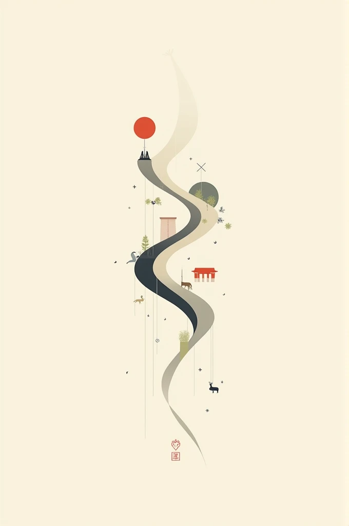 a simple art, with simple and minimalist lines involving a stripe of colors in the center and horizontally, with animals and historical heritage around you, as if they were floating around the stripe. The stripe in question is not straight but rather curved in several directions., making twists and turns