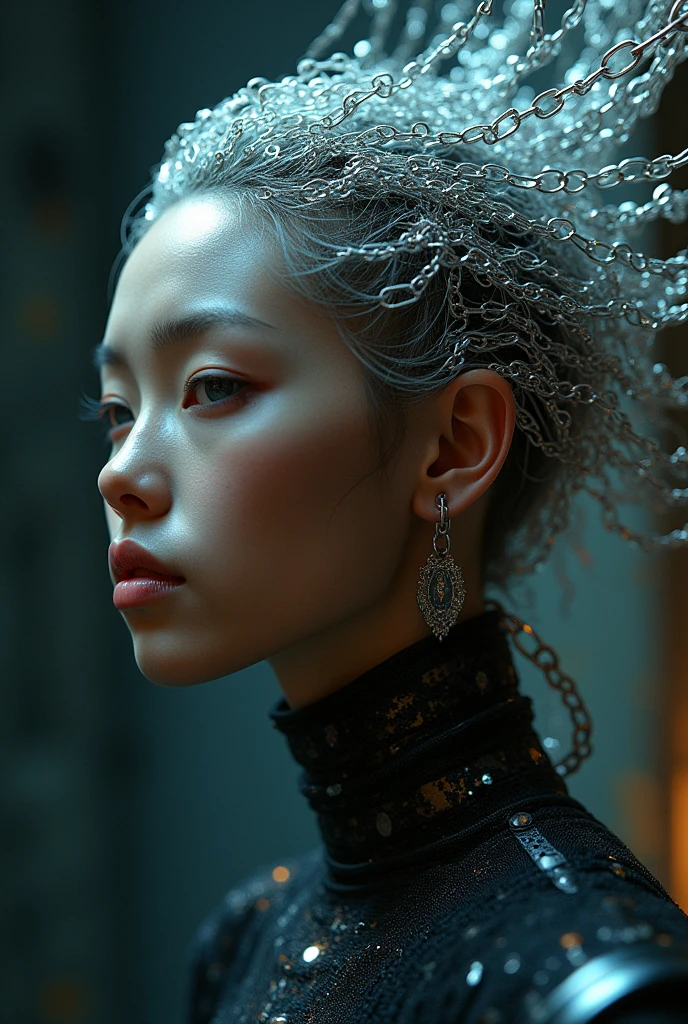 Cyberpunk, Hair made of chains, All hair is chains, Thin chains, Delicate chain, beautiful锁链, Large-scale chain, beautiful, Head focus