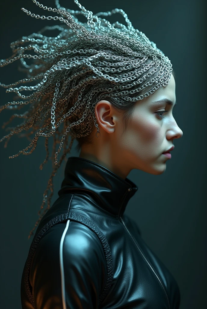 Cyberpunk, Hair made of chains, All hair is chains, Thin chains, Delicate chain, beautiful锁链, Large-scale chain, beautiful, Head focus