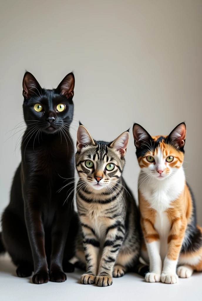 Realistic photo of a black cat, a gray cat and a tricolor cat
