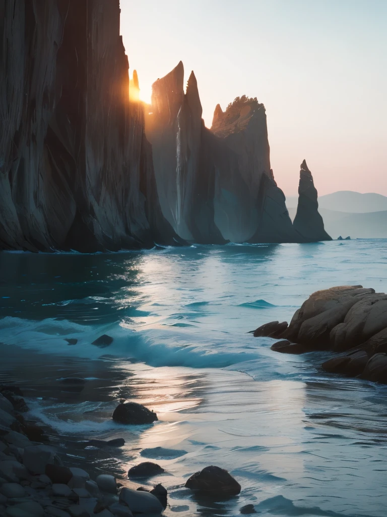there are many rocks in the water near the shore, a picture by Kristin Nelson, unsplash, les nabis, with jagged rocks and eerie, incredibly beautiful, with jagged rocks & eerie, rocky cliffs, rocky cliff, with lots of dark grey rocks, sheer cliffs surround the scene, rock formations, jagged rocks, black rocks, photo taken from a boat