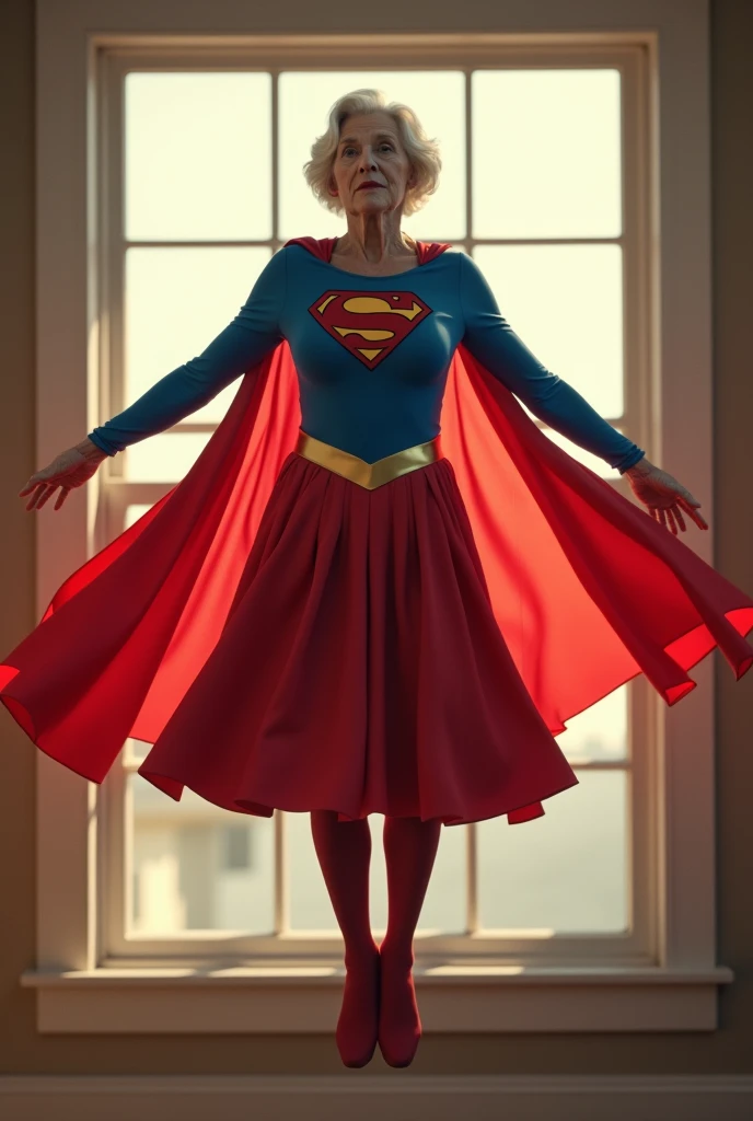 open window; Supergirl Julie Hagerty(((very beautiful old Supergirl (((1984s costume))); Julie Hagerty))) Super old woman Julie Hagerty; full body; stretched in the air, confident, powerful, indestructible, attractive; flutuando no ar. 