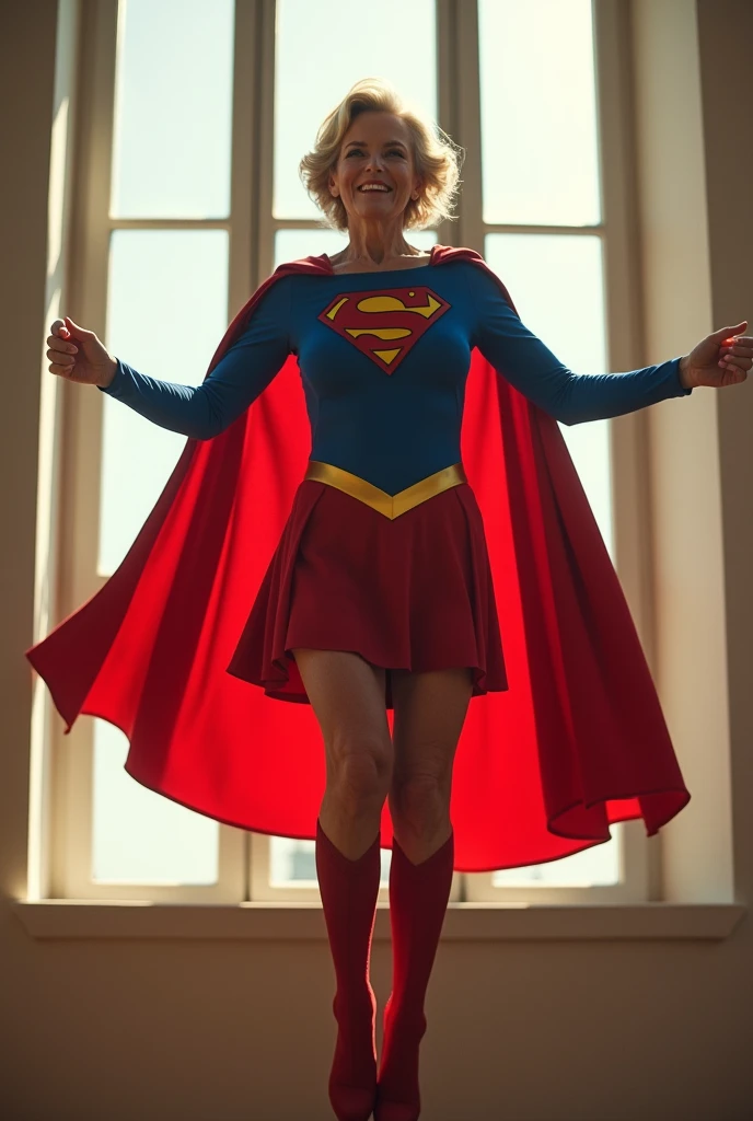 open window; Supergirl Julie Hagerty(((very beautiful old Supergirl (((1984s costume))); Julie Hagerty))) Super old woman Julie Hagerty; full body; stretched in the air, confident, powerful, indestructible, attractive; flutuando no ar.