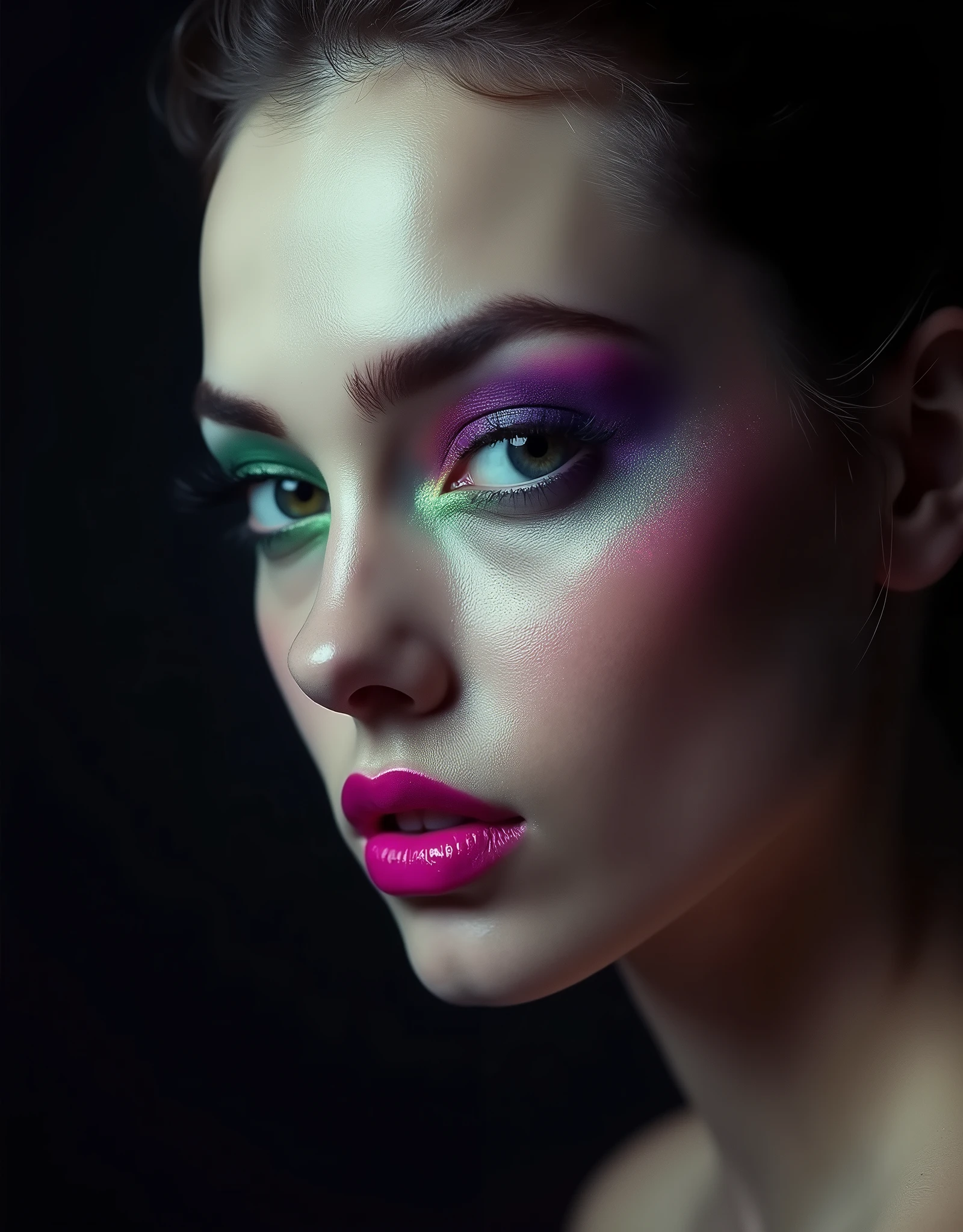 Close-up portrait of a woman with vibrant avant-garde makeup, photorealistic style, dramatic lighting, dark background. Eyeshadow in bright green, purple, and pink hues. Glossy hot pink lipstick. Pale skin, high contrast. Sharp focus on facial features. Moody atmosphere, fashion photography aesthetic