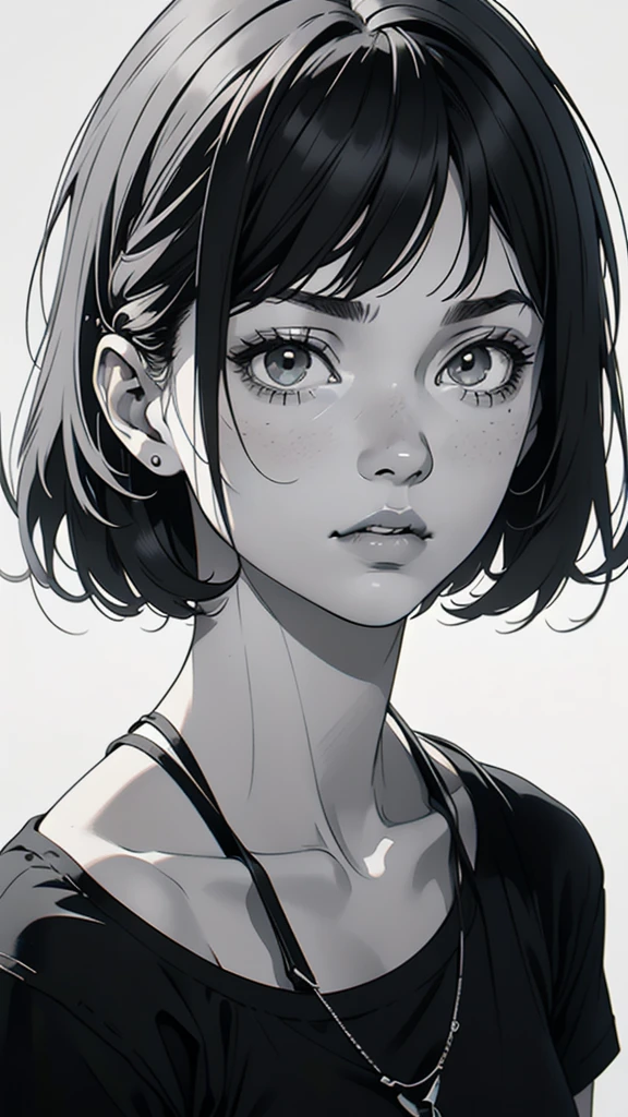 1 boyish girl, solo, sharp eyes, monochrome, greyscale, short black hair, portrait, white T-shirt, thin eyebrows, closed mouth, looking at viewer, graphite \(medium\), detailed lips, hatching \(texture\), without makeup, full bangs, upper body, (best illustration), (best quality), (very detailed), (masterpiece), expressionless,