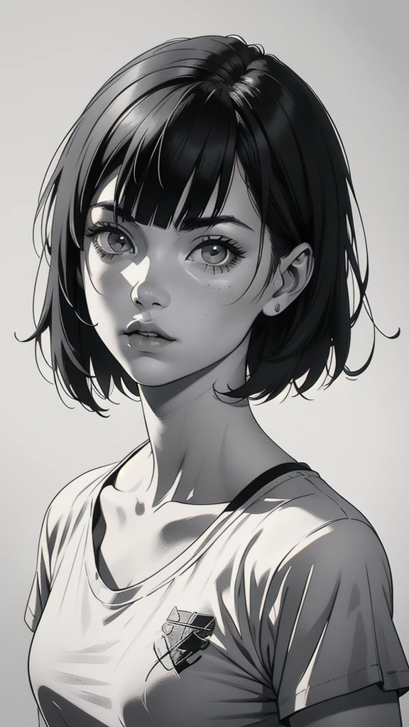 1 boyish girl, solo, sharp eyes, monochrome, greyscale, short black hair, portrait, white T-shirt, thin eyebrows, closed mouth, looking at viewer, graphite \(medium\), detailed lips, hatching \(texture\), without makeup, full bangs, upper body, (best illustration), (best quality), (very detailed), (masterpiece), expressionless,