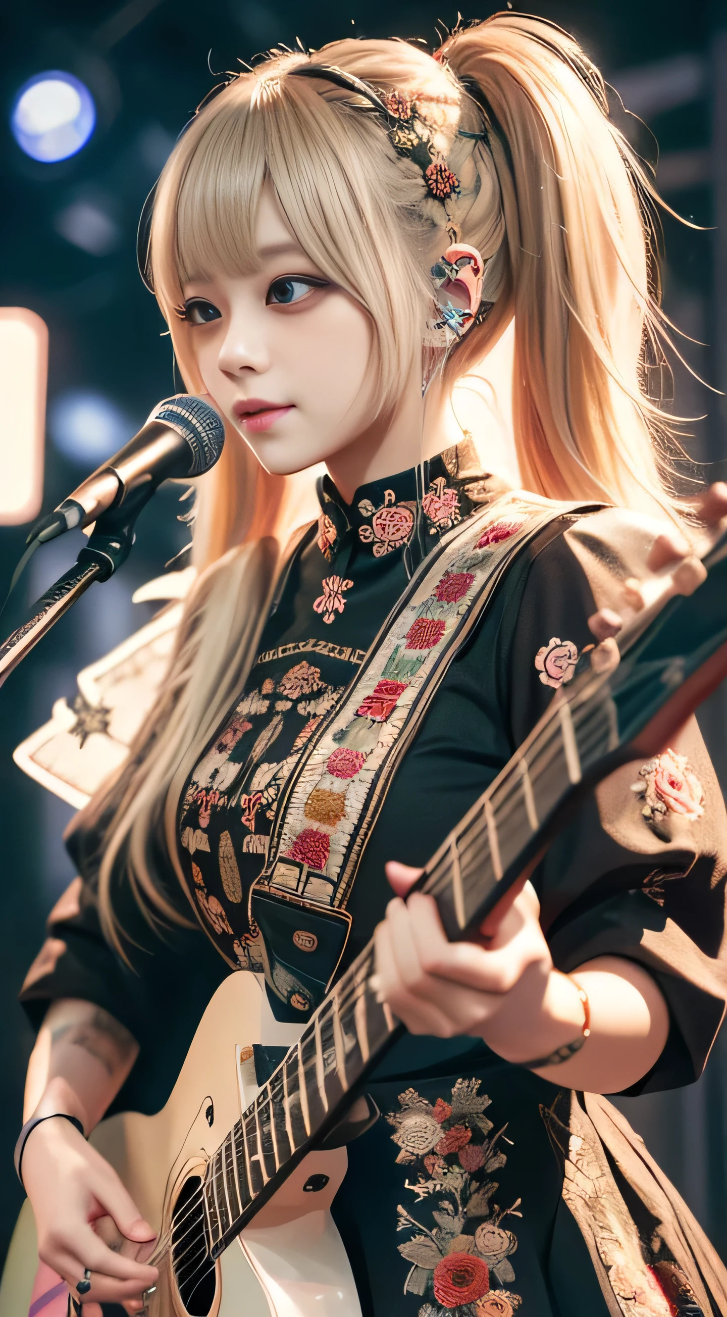 High quality picture, masterpiece, 4k, one beautiful woman, long blonde pigtail hair, bobbed hair, beautiful eyes, wearing a colourful maid dress, playing guitar (with fancy embroidery), on cyberpunk stage.