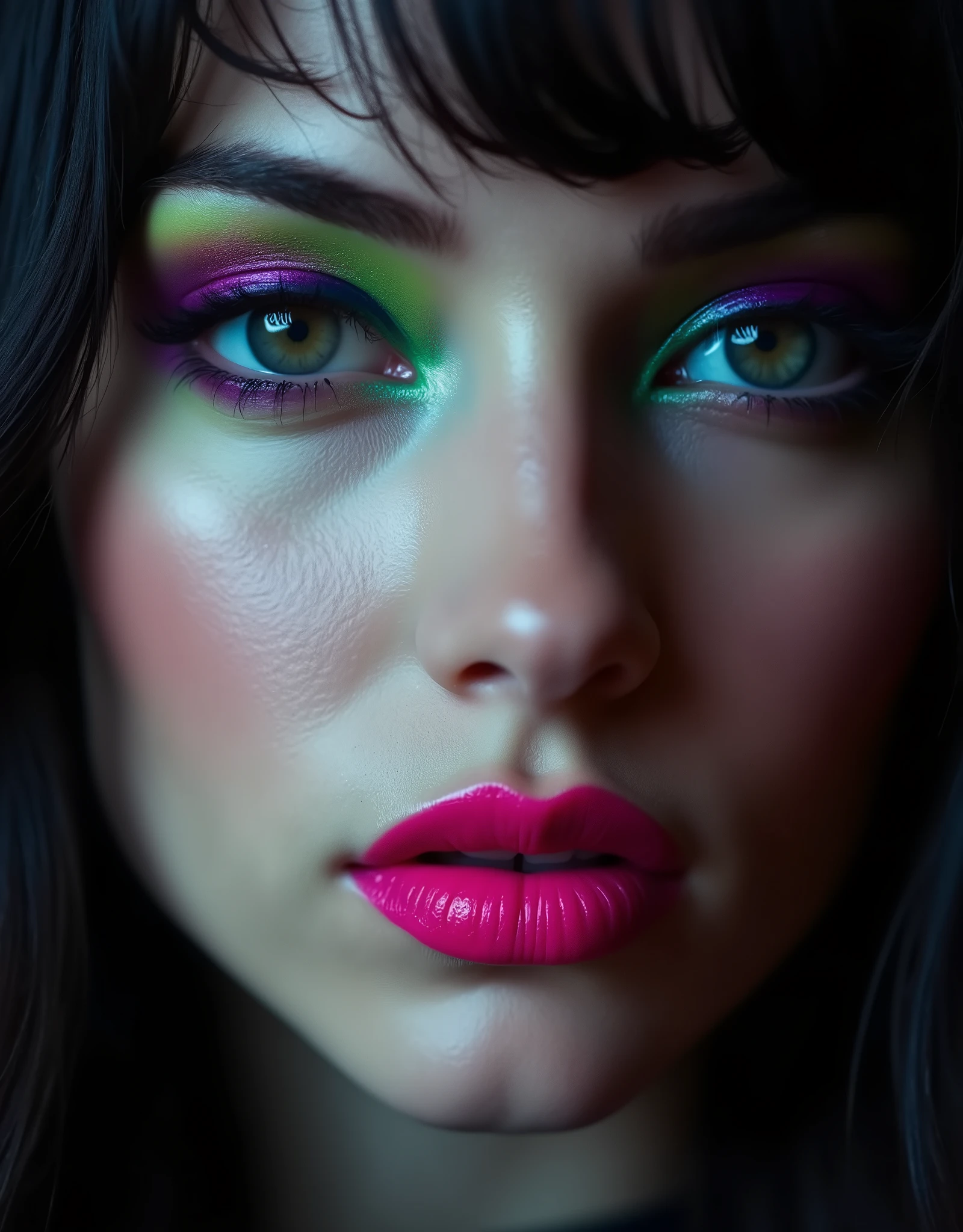Close-up portrait of a woman with vibrant avant-garde makeup, photorealistic style, dramatic lighting, dark background. Eyeshadow in bright green, purple, and pink hues. Glossy hot pink lipstick. Pale skin, high contrast. Sharp focus on facial features. Moody atmosphere, fashion photography aesthetic