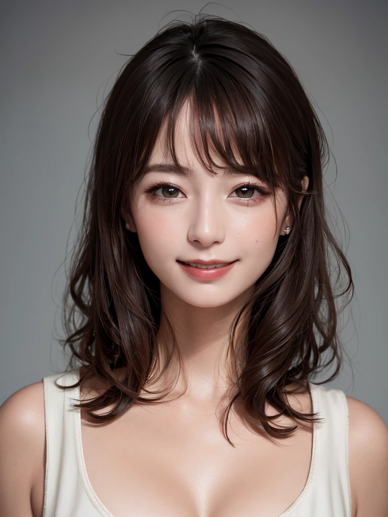 (Highest quality、8k、32K、masterpiece、Oil paints:1.2)、(Realistic)、(High resolution)、(Very detailed、Attention to detail、Rich skin detail)、独奏, Beautiful double eyelids、Round and small face、((smile))、short bob hair, very curly hair, perfect female body, large breasts, cleavage,