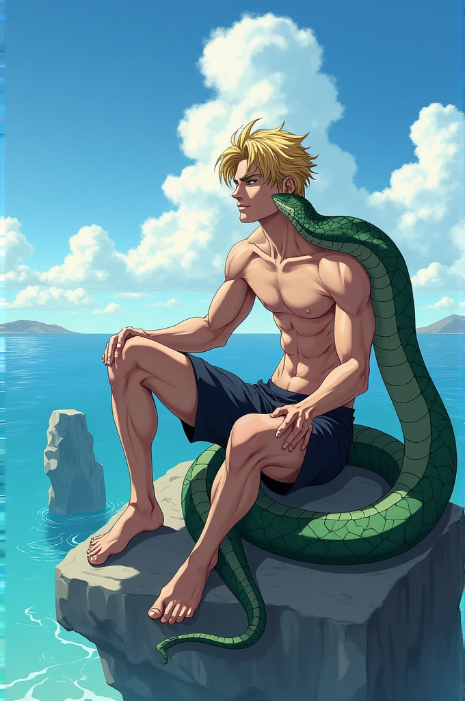 ((Half snake man, the man with blond hair and handsome)),((anatomically correct)),((with a landscape at sea)),((posing on a rock))
((lying on the rock)),((Create the anime image))