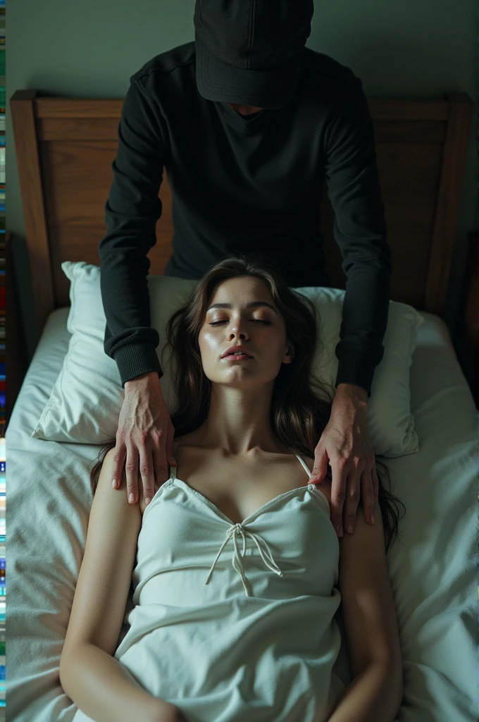 Girl, lying in her bed, while he puts his hand in a hole in the pit of his stomach, with a dull look