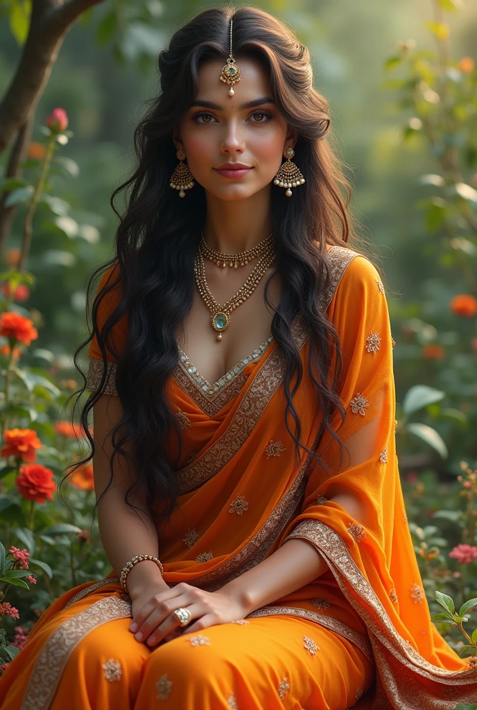 Radha Rani, who is sitting in the garden, has long, flowing hair. She is wearing long earrings and a pearl necklace around her neck. She is dressed in a very beautiful lehenga, and the color of her outfit is very lovely. Her eyes are filled with compassion.create a realistic image of that 