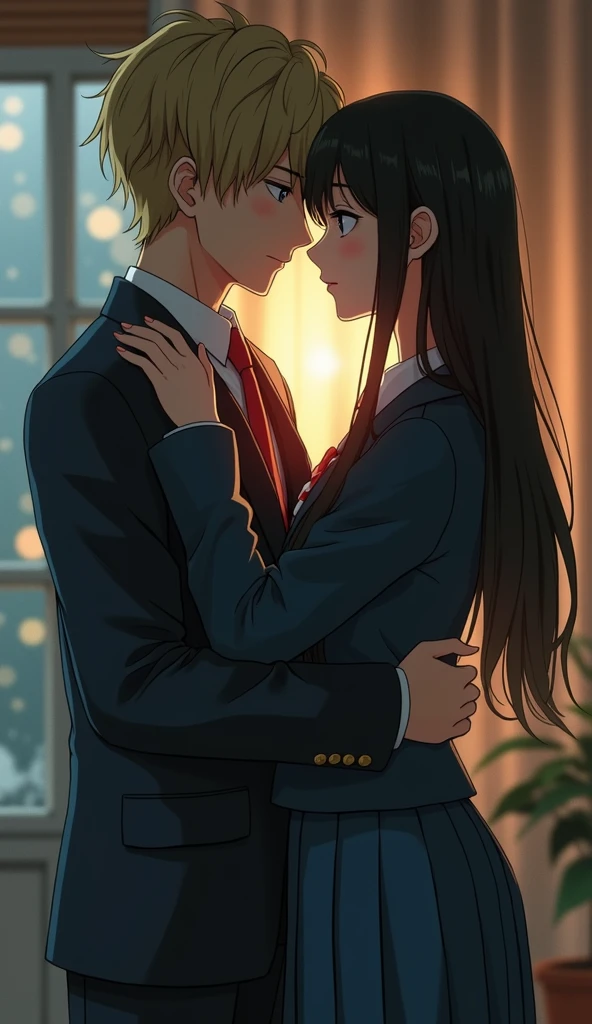 (32K:1.9, Highest quality, masterpiece, Ultra-high resolution), Perfect dynamic composition:1.3, Highly detailed skin and facial textures:1.3, Cute sexy slim Japanese schoolgirl, (Slimman, Height about 180cm), (They both close their eyes, Man hugging woman:1.3), Fair skin, ((Clarity:1.1)), (Man is anime「Marmalade Boy」Play:1.3, Light yellow hair, beautiful目:1.3), (The woman is wearing a light brown uniform with a light blue tie., Straight black hair.:1.3, smile:0.9, A man completely charms a woman:0.9, beautiful Blue Eyes, beautiful, Clear Eyes:0.8), Sexy Face:0.4, blush:1.1, (beautifulエロティシズムを醸し出す雰囲気:0.8), Professional random camera work, Cinematic Lighting Effects, (Full Body Shot), (Too erotic), romantic, mysterious, Object of admiration, original, dramatic, artistic, Innovative, charm, Heartful, Fancy, Tilt, sense of loss, special, exciting, Extreme, sense of openness, joy, joyの表現, ((若さのcharm, 女性的なcharm))