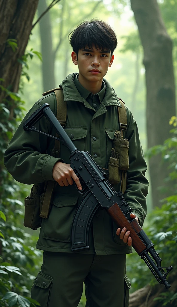 masterpiece, best quality, 1boy, delicate eyes, military uniform, AK-47, AKM, kalashnikov_rifle, assault_rifle, holding_gun, forest background