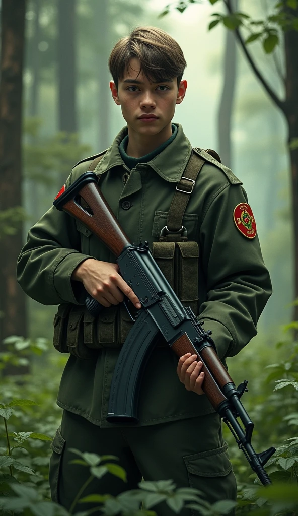 masterpiece, best quality, 1boy, delicate eyes, military uniform, AK-47, AKM, kalashnikov_rifle, assault_rifle, holding_gun, forest background