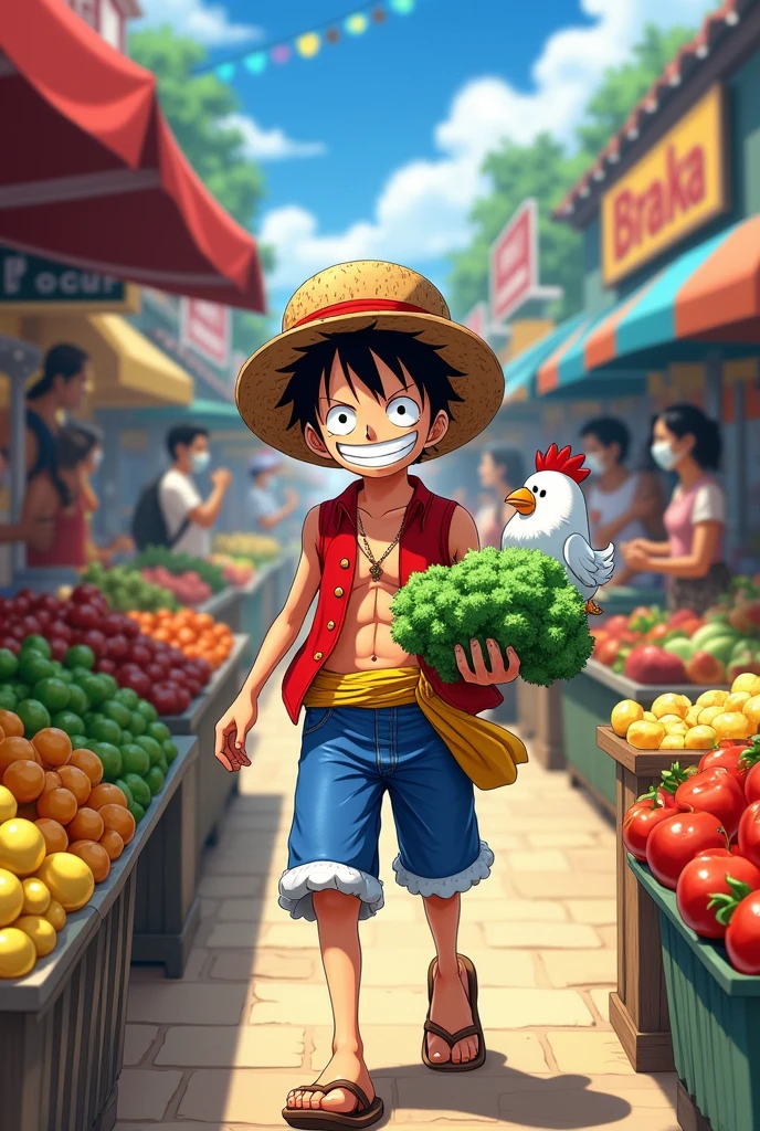 Luffy shopping at the market, bought a bunch of kale and a white chicken