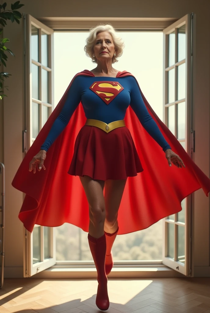open window; Supergirl Julie Hagerty(((very beautiful old Supergirl (((1984s costume))); Julie Hagerty))) Super old woman Julie Hagerty; full body; stretched in the air, confident, powerful, indestructible, attractive; flutuando no ar.