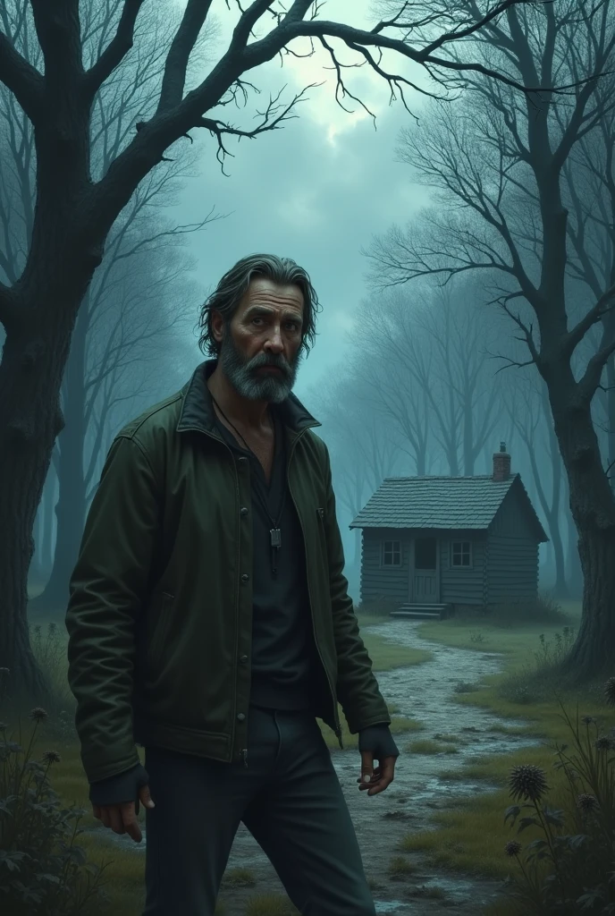 Believe me creative horror book cover with a man and a cabin in the woods