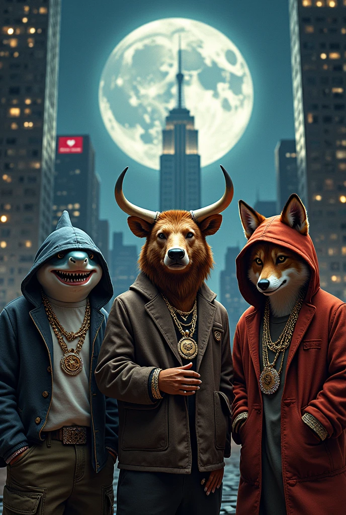 FULL MOON PHOTO IN NEW YORK FOUR ANIMALS :A SHARK A TALL BULL A FAT BEAR A THIN FOX WITH A HOOD .ALL DRESSED LIKE RAPPERS WITH JEWELS AND THE WORD OGDMC PLAYING IN THE BACKGROUND