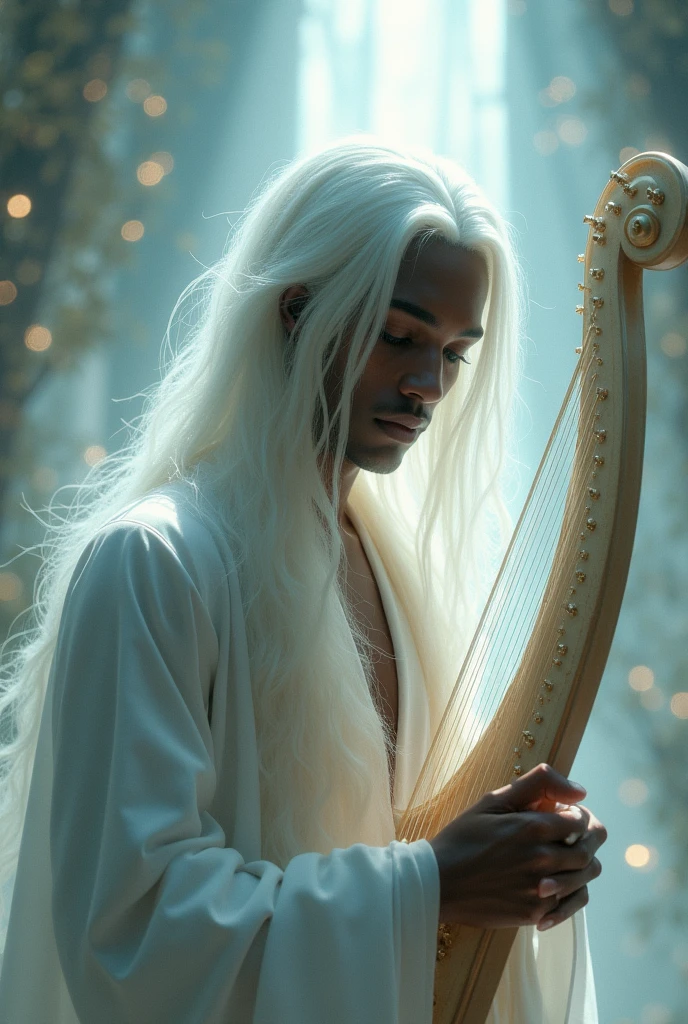 A young man with black skin, with long white hair, fine features on the face, white clothes, holding a harp, in an environment of light and music, with magic and shine