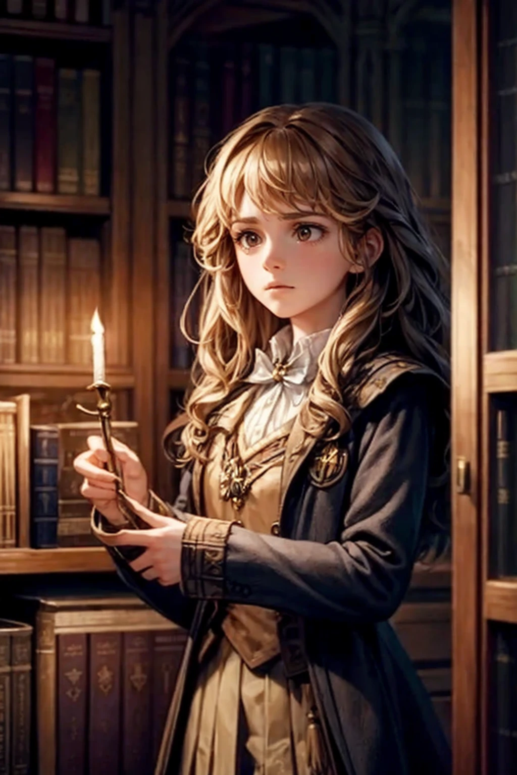 A detailed scene of Hermione Granger in a magical library, surrounded by old books and wands, with soft candlelight illuminating the surroundings. She wears her Hogwarts uniform and has a serious, focused expression