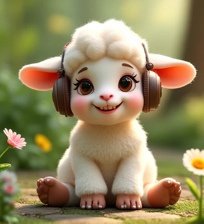 Imagine a realistic little lamb with exaggeratedly funny features, oversized, dressed in cute clothes, bright eyes and curiosity, smiling, frontal image, smiling bunny, Disney style, capturing natural textures, although their paws are a little bigger, they are even cuter. The background is a simple garden, focusing on natural colors and some green plants, creating bright colors and white lambs, as you have, blouse and headphones