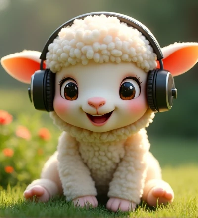Imagine a realistic little lamb with exaggeratedly funny features, oversized, dressed in cute clothes, bright eyes and curiosity, smiling, frontal image, smiling bunny, Disney  style, capturing natural textures, although their paws are a little bigger, they are even cuter. The background is a simple garden, focusing on natural colors and some green plants, creating bright colors and white lambs, as you have, blouse and headphones