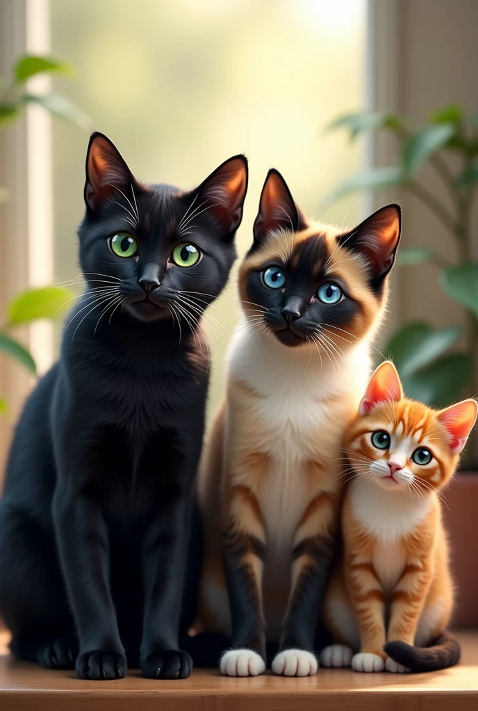 Realistic photo of a black cat, a ciames cat and a tricolor cat 

