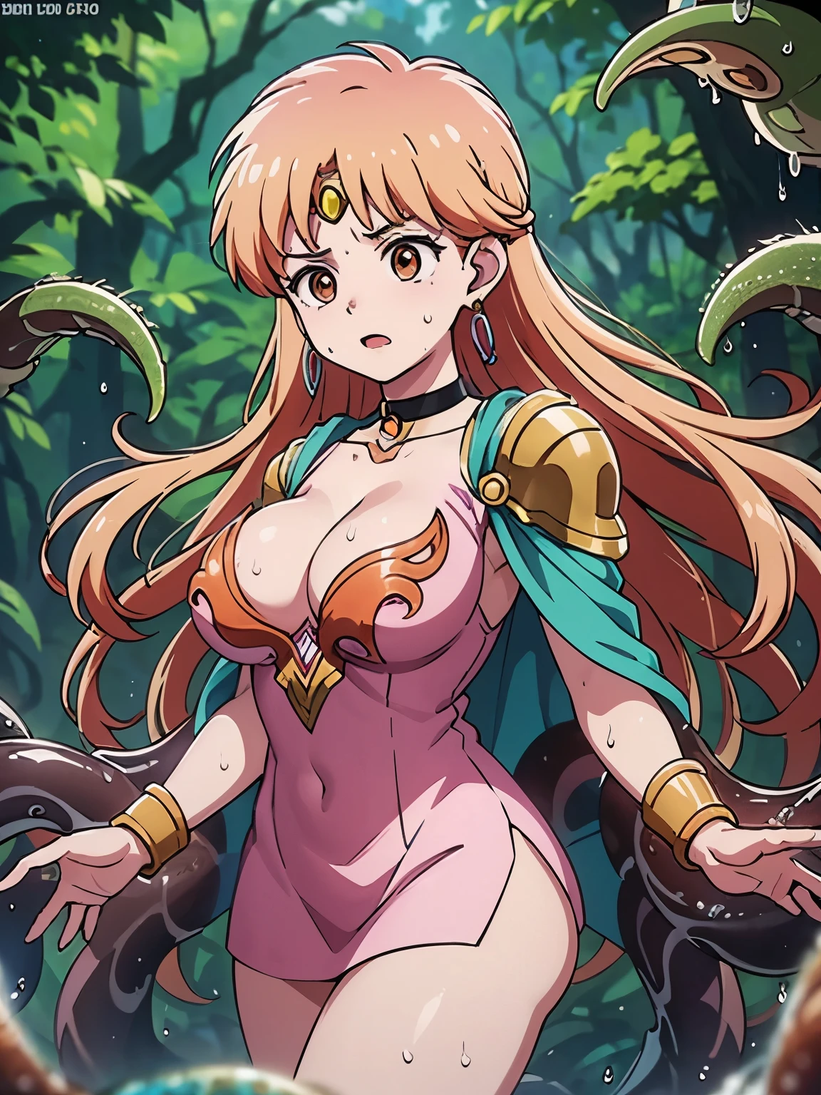 (masterpiece, highest quality:1.2), Ultra-high resolution), RAW Photos, Professional Lighting, Cinema Lighting, (1 girl), Leona, レオナ, Dragon Quest:dai no daibouken, (blonde, Long Hair, Brown eyes, string tiara, hair ornaments, bangs), ((earrings, brass Circlet, choker, white cardigan, green shirt dress, knee high socks, golden shoulder pads, white cloak, golden bracelet)), ((((ultra large natural breasts, Super huge tits, Super huge boob, Super huge cleavages)))), (trees, ivy, swamp, dark forest, deep forest, dark atmosphere), (nsfw:2.0, sweat bodies:2.0), (tentacles attack her:2.0, tentacles coil around her bodies:2.0), detailed face, detailed eyes, clear & fine eyes, standing, surprised face, scared face, amazed face, 