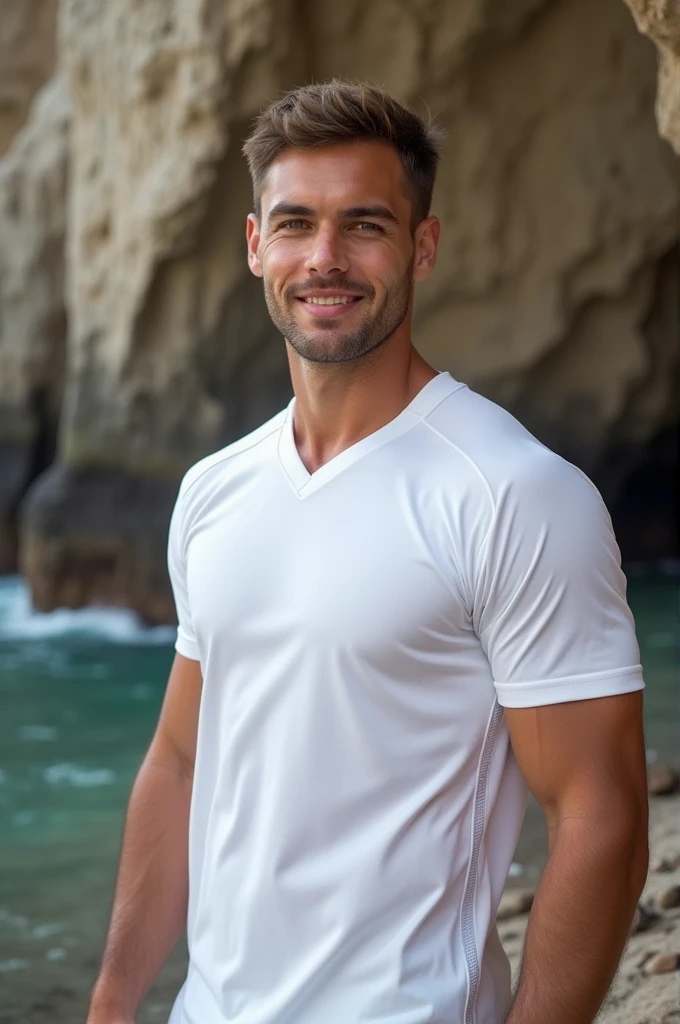 A person 30 year old boy standing near rock white jersey