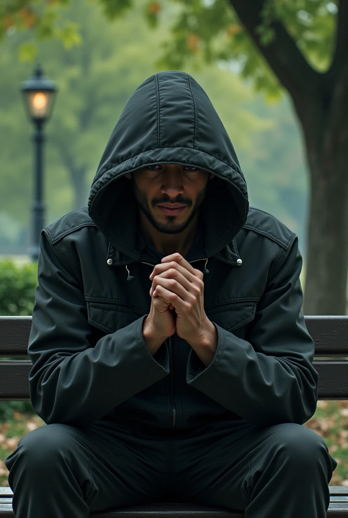A man sitting on a bench in a park with a jacket and a hat pulled over his face where you can only see his slight smirk whilst rubbing his hands together
