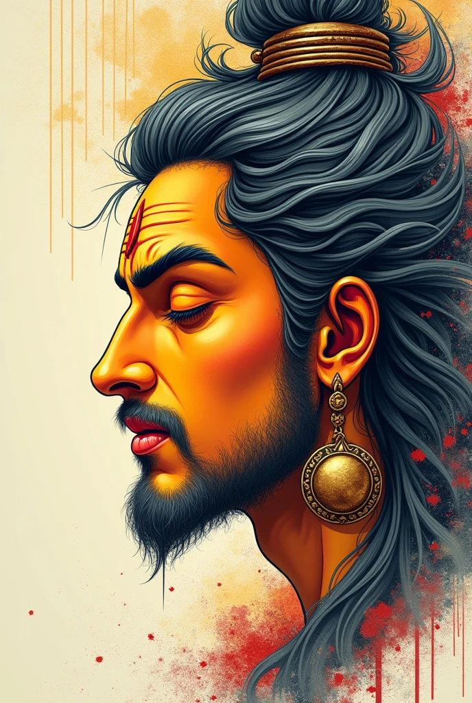 I want lord shiva right half face from front with the drawing complexion of orange and yellow or cream hair grey and black clam face closed eyes in drawing pattern from fornt 