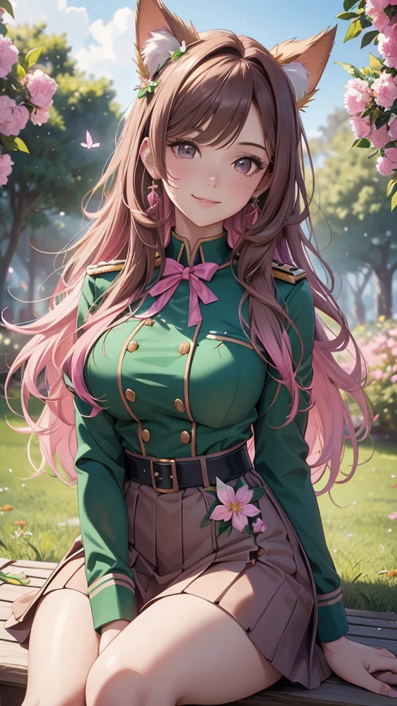 (best quality,4k,8k,highres,masterpiece:1.2),ultra-detailed,(realistic,photorealistic,photo-realistic:1.37),acrylic painting,beautiful Brazilian model in a uniform outfit with downy hair,beautiful Brazilian model with extremely colorful brown hair and detailed facial features,beautiful Brazilian model standing in a beautiful garden sakura flowers, long hair,cat ears, hair bows, uniform pink and green outfits, smile, happy face, brown pink hair,butterflies, sitting down, brown eyes,  mature woman, older woman 