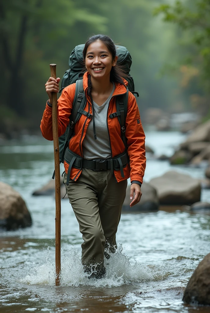 Photorealism 1.4 realistic realism high detailed definition Malay adult women crossing river river stream wearing adventure attirecamping backpack smile hold stick river stream water level at waist
