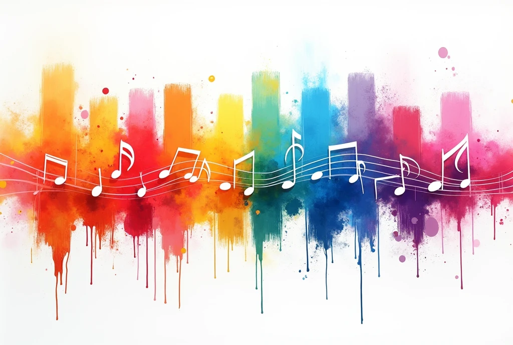 10 color brush strokes on white background, with drops of paint flowing turning in music notes