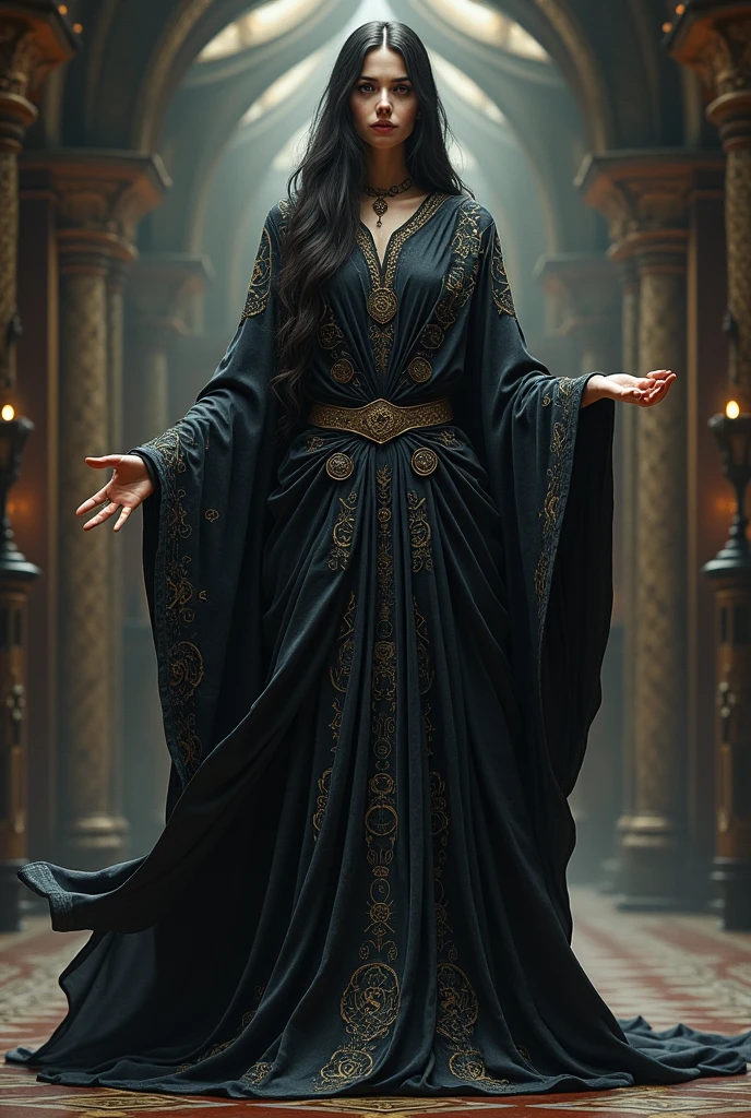 A great, wise and powerful witch, vêtue de robes sombres, avec des symboles mystiques autour d'elle, teacher at Elara.